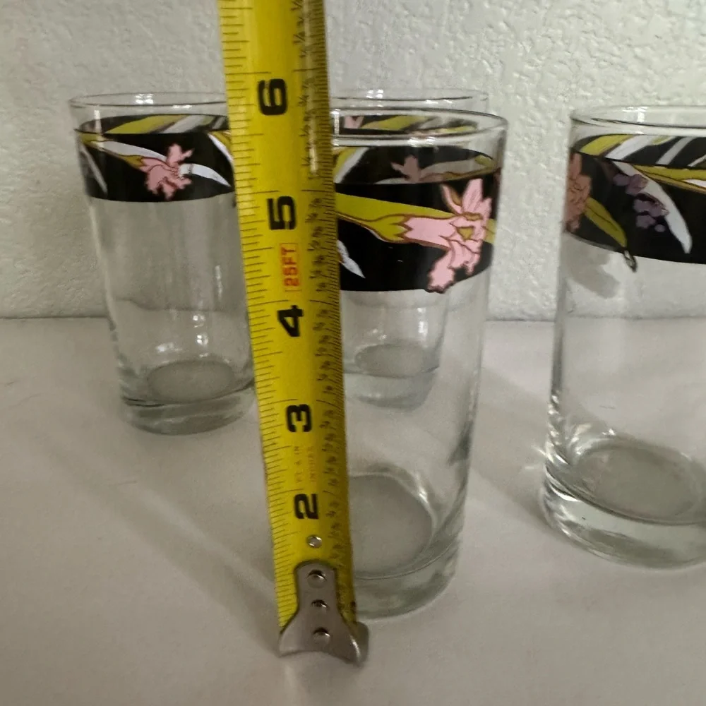 80s Black and Green Orchid Lilly Water Glasses set of 4